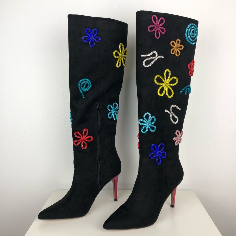 Betsey Johnson Colorful Embroidered Gallant Black Knee-High Boots